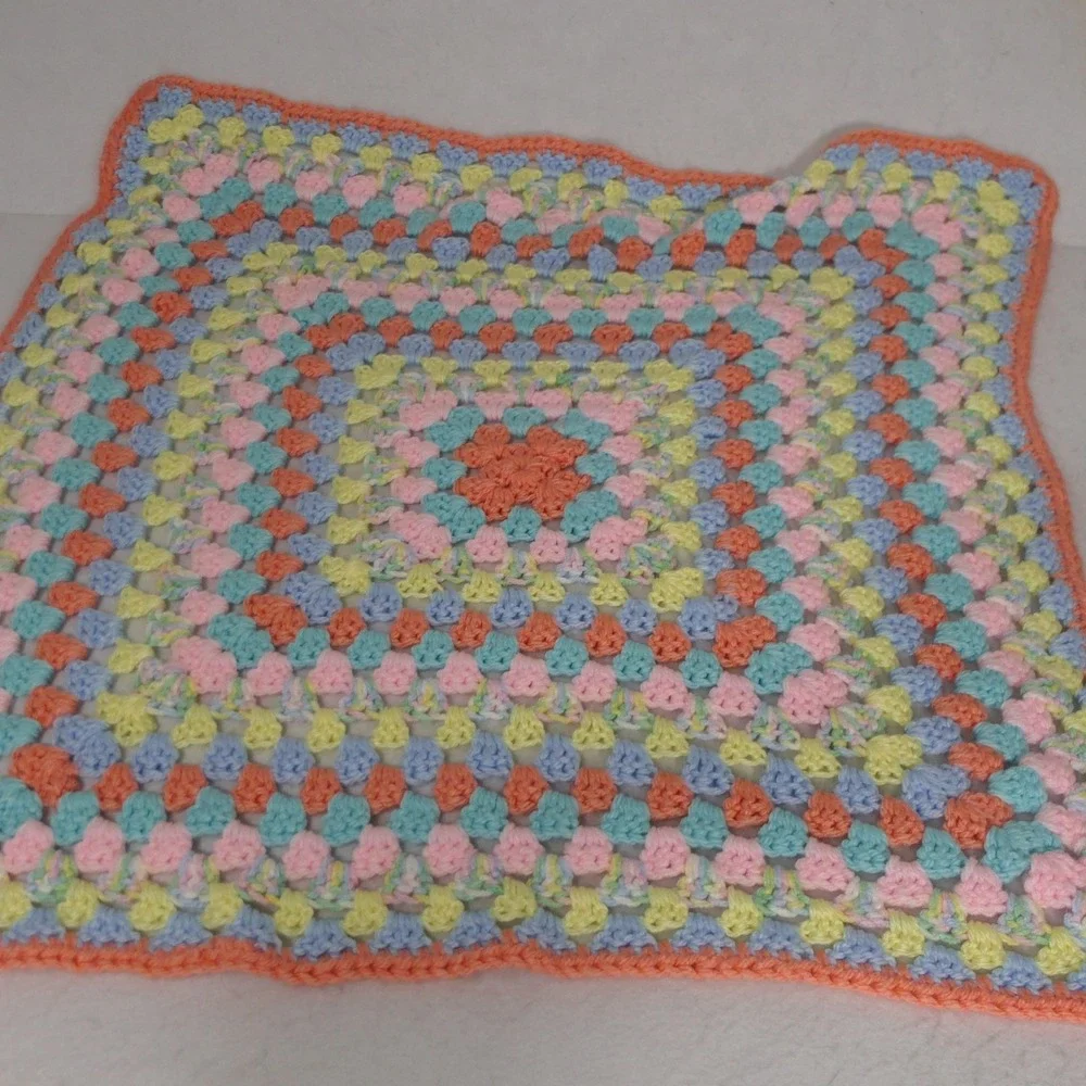 Handmade Unisex Baby Blanket 25x25 Multicolor Pastel Crochet Granny Square Boho